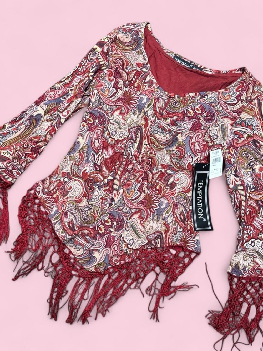 Y2K dead stock Temptations Women's Red Paisley Fringe Long-Sleeve Top